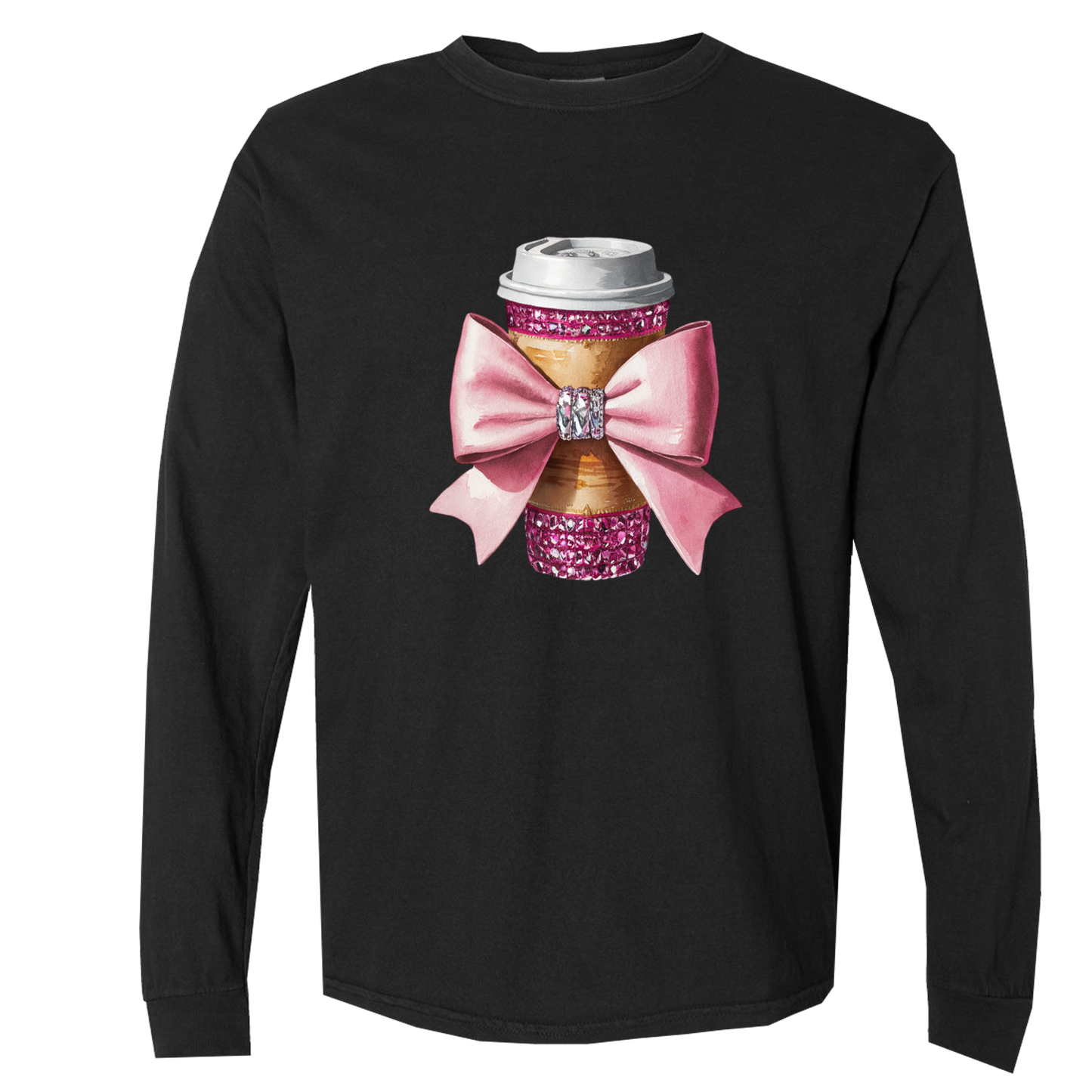 Dazzling Coffee and a Bow Graphic Long Sleeve Comfort Colors Tee and Crewneck