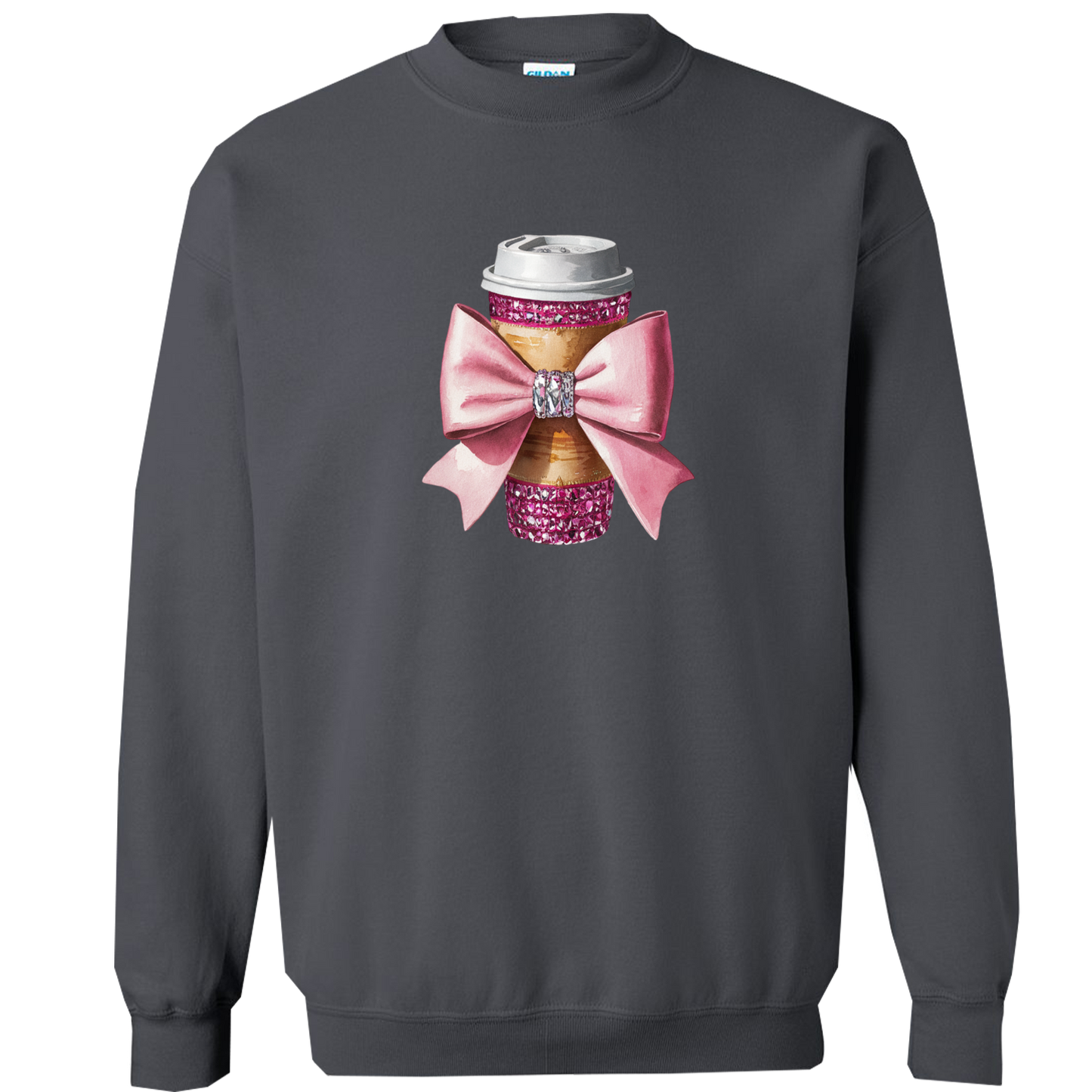 Dazzling Coffee and a Bow Graphic Long Sleeve Comfort Colors Tee and Crewneck