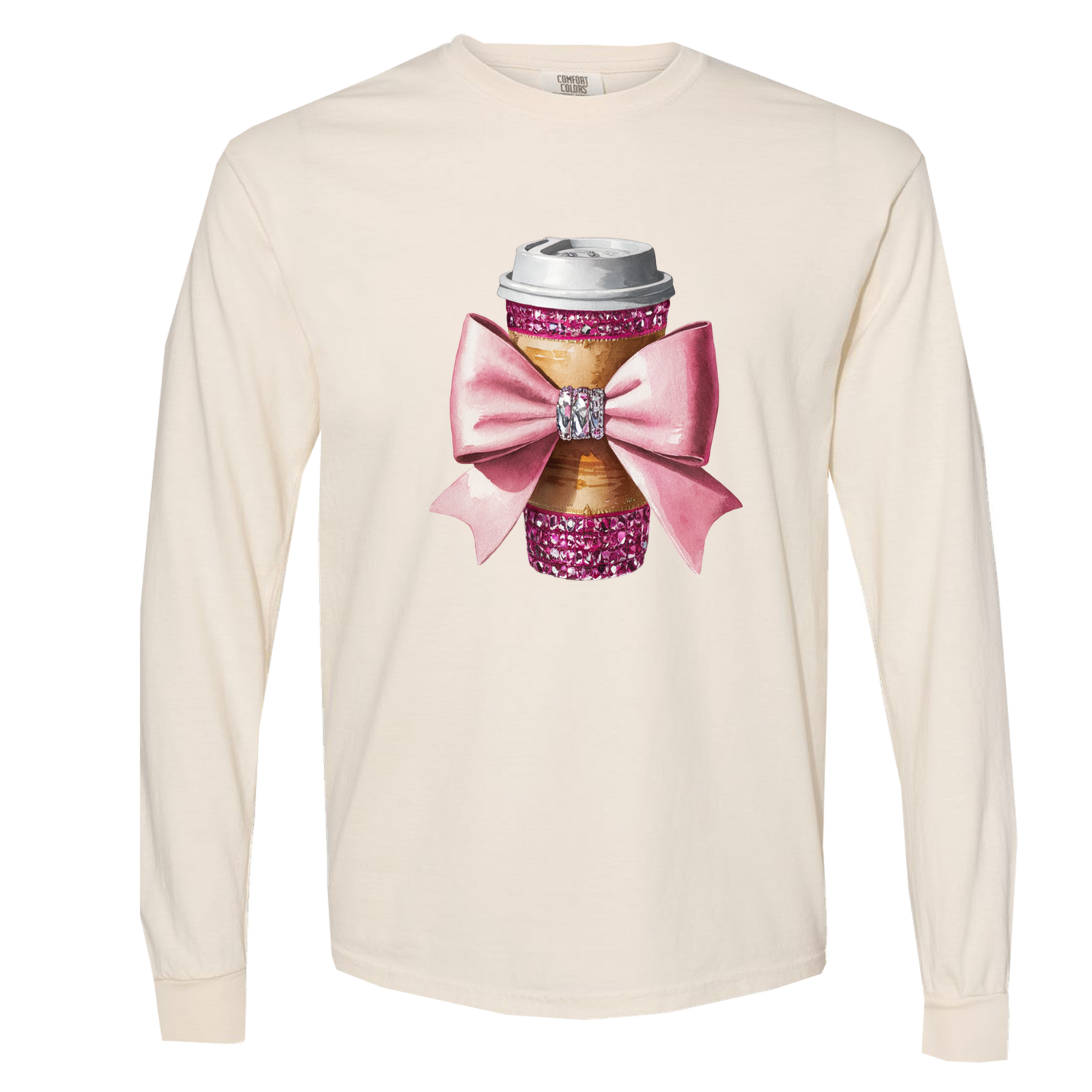 Dazzling Coffee and a Bow Graphic Long Sleeve Comfort Colors Tee and Crewneck