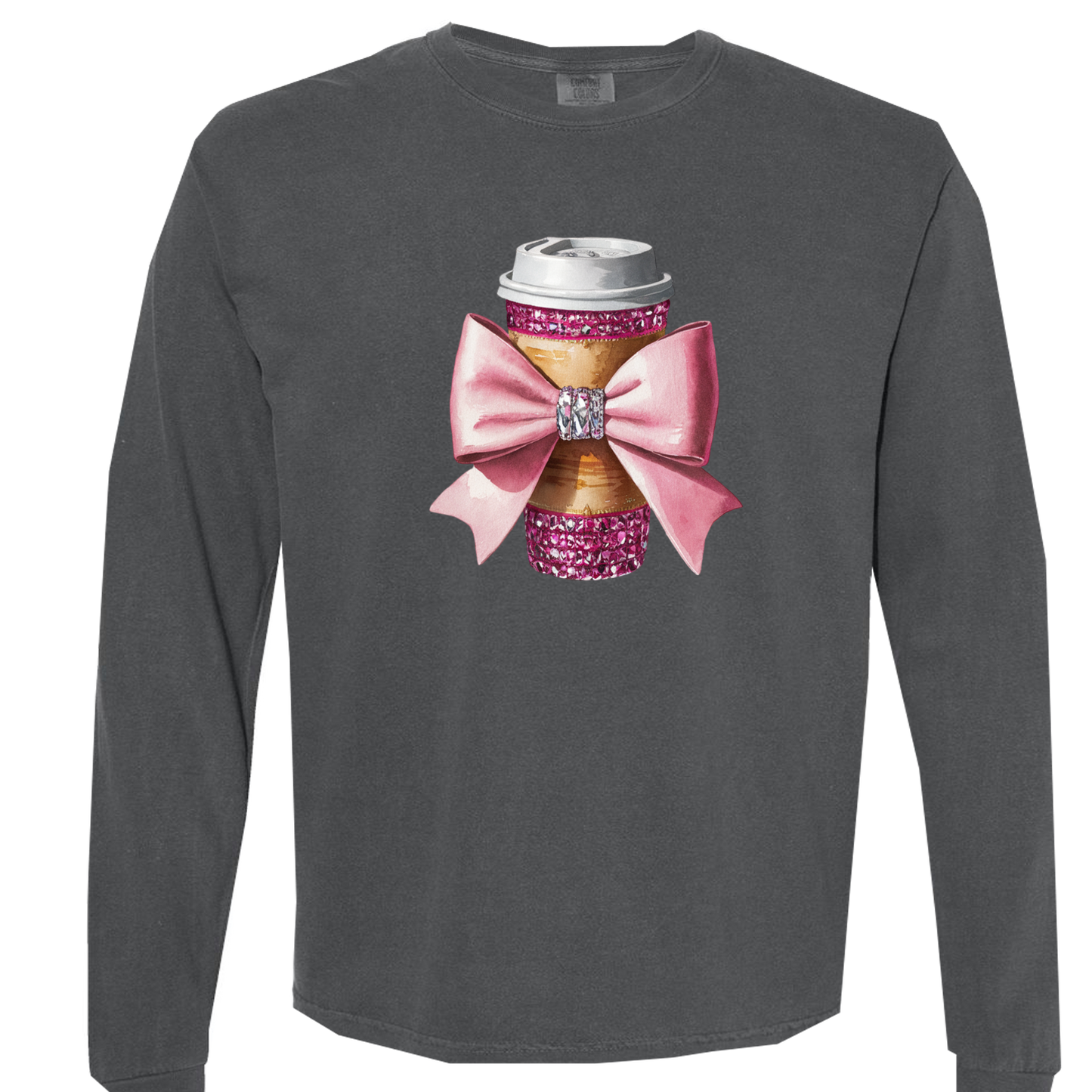 Dazzling Coffee and a Bow Graphic Long Sleeve Comfort Colors Tee and Crewneck