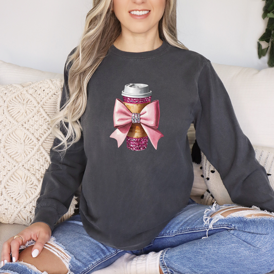 Dazzling Coffee and a Bow Graphic Long Sleeve Comfort Colors Tee and Crewneck