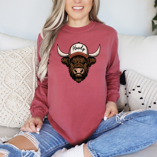 Howdy Highland Cow Graphic Long Sleeve Comfort Colors Tee and Crewneck