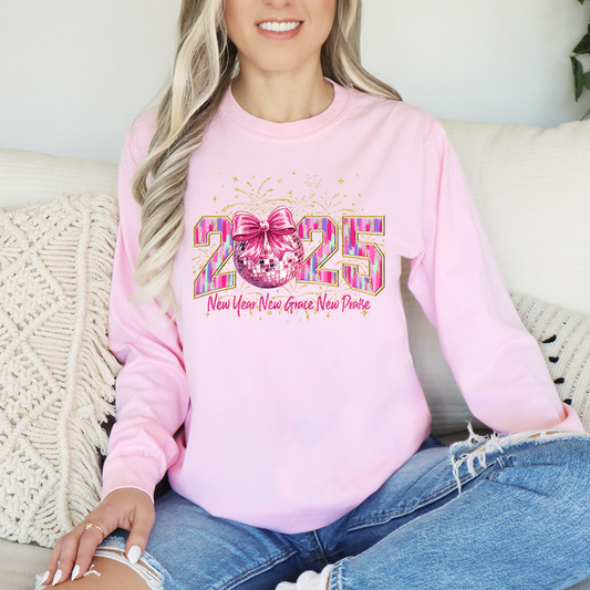 2025 New Year, New Grace, New Praise Long Sleeve Comfort Colors Graphic Tshirt